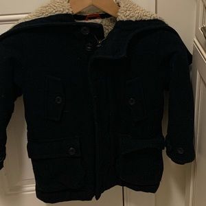 Boys Navy Hooded Coat. Lined with shearling size 5